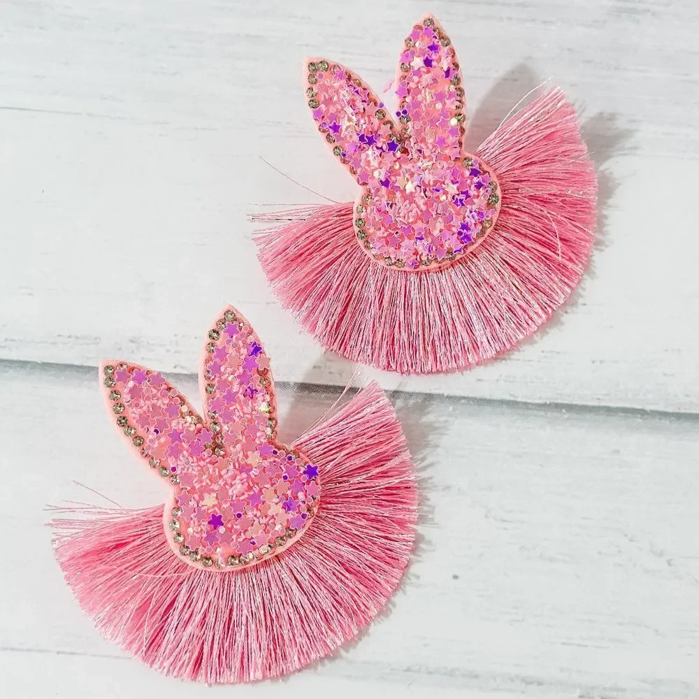 Pink Sequined Easter Bunny Fringe Earrings